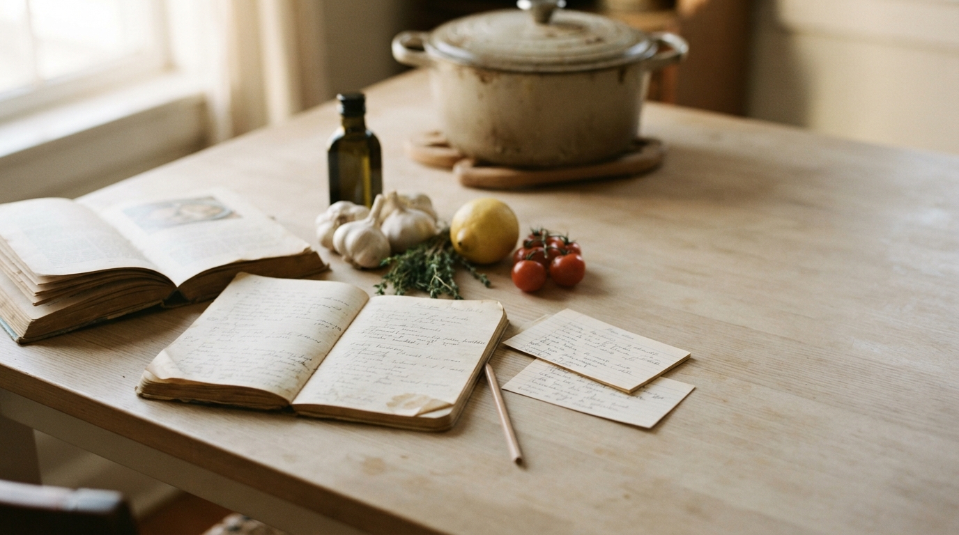 Cuadernos y recetas escritas a mano sobre una mesa de cocina, junto a una olla e ingredientes cotidianos.